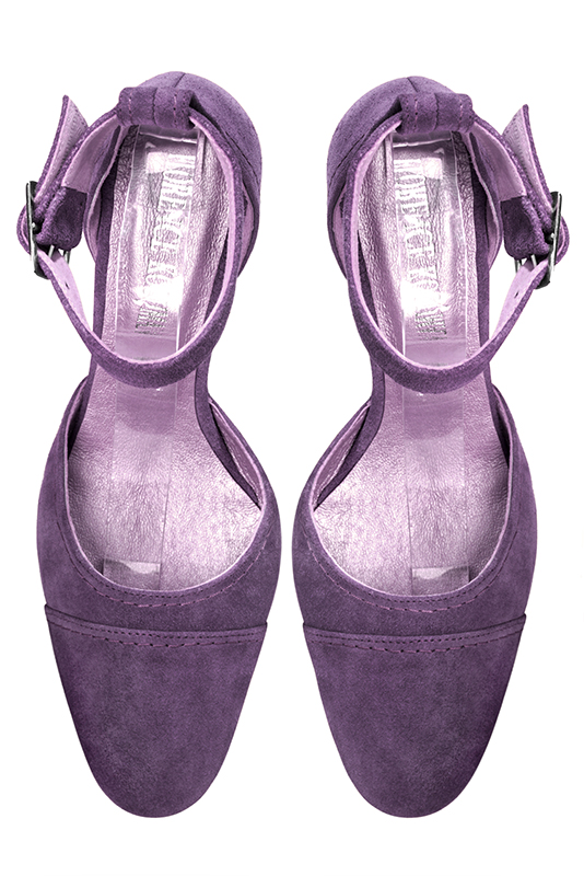 Amethyst purple women's open side shoes, with a strap around the ankle. Round toe. Medium block heels. Top view - Florence KOOIJMAN